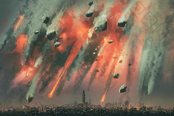 科幻场景陨石爆炸天空城市数字艺术风格插图绘画