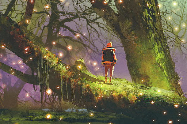 徒步旅行者背包站巨大的树萤火虫被施了魔法森林数字艺术风格插图绘画