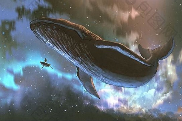 外空间旅程概念显示男人。巨大的鲸鱼飞行美丽的天空数字艺术风格插图绘画