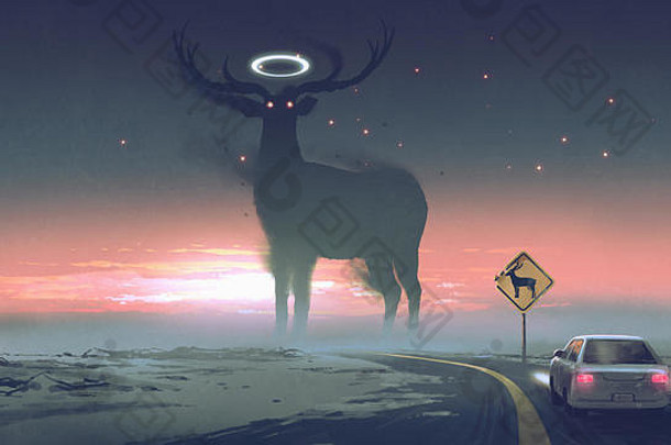 传奇生物概念显示车运行动物区巨大的鹿发光的你好路数字艺术风格插图pai