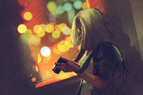 年轻的灰色头发的女人持有相机窗口晚上城市插图绘画