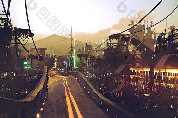 科幻风景高速公路街未来主义的城市结构建筑日落插图绘画