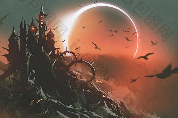 风景城堡刺太阳能eclipse黑暗红色的天空数字艺术风格插图绘画