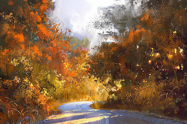 通路色彩斑斓的森林秋天景观绘画插图