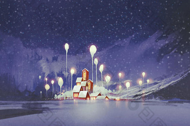 冬天景观村幻想树晚上插图绘画