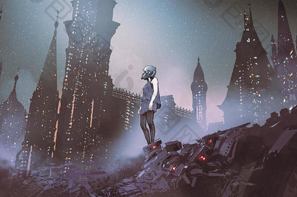 Cyborg女人站桩电子浪费未来主义的城市数字艺术风格数字绘画