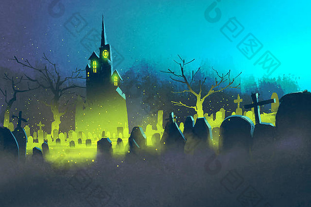 令人毛骨悚然的城堡万圣节概念墓地晚上插图绘画