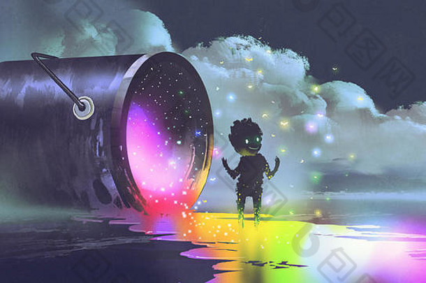 幻想插图显示大桶说谎表面可爱的生物站水坑色彩斑斓的油漆数字艺术风格