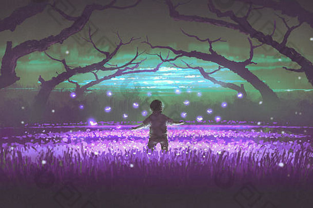 美妙的晚上风景显示男孩站花园紫色的花发光的昆虫数字艺术风格插图绘画
