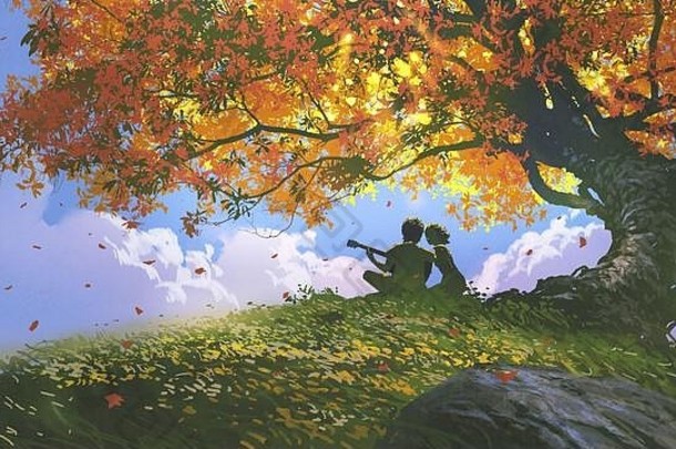 情人坐着玩吉他树秋天数字艺术风格插图绘画