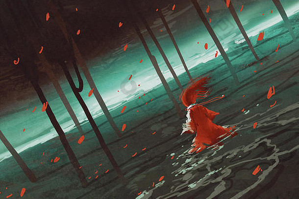 女人红色的走沼泽湖河树风景插图