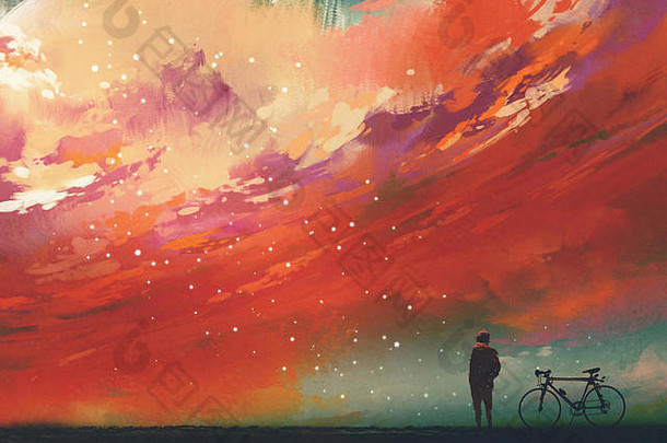 男人。自行车站红色的云天空插图数字绘画