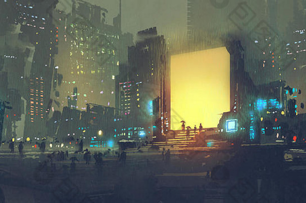 晚上风景未来主义的城市人传送站数字艺术风格插图绘画