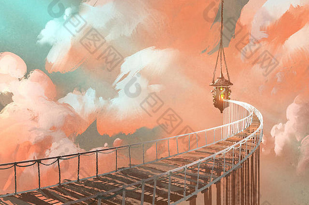 绳子桥领先的挂灯笼云插图绘画