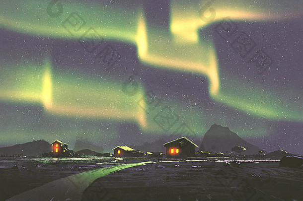 晚上风景村北部灯极光北欧化工插图绘画
