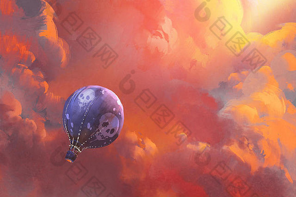 气球浮动天空红色的云插图绘画