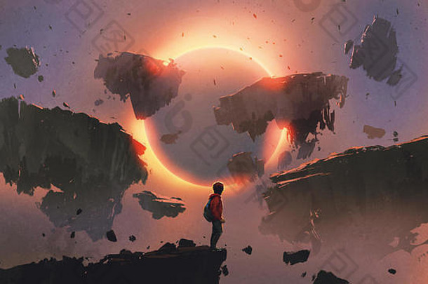 男孩站边缘悬崖eclipse岩石浮动天空数字艺术风格插图绘画