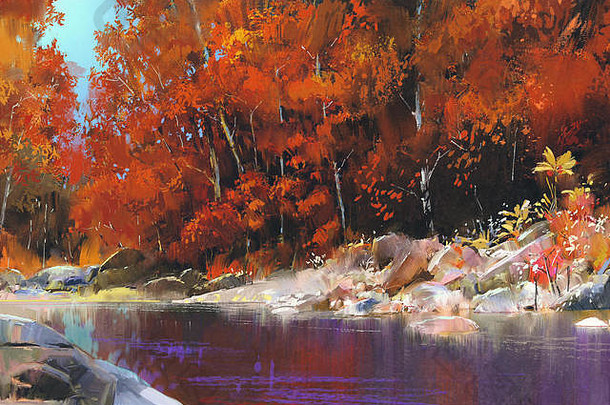河秋天森林景观绘画