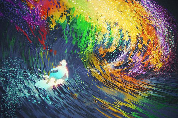 极端的冲浪者游乐设施色彩斑斓的海洋波插图绘画