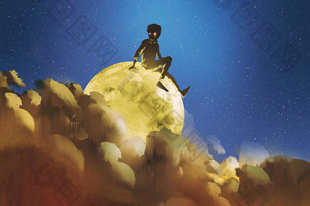 年轻的男孩坐着发光的月亮云晚上天空数字艺术风格插图绘画