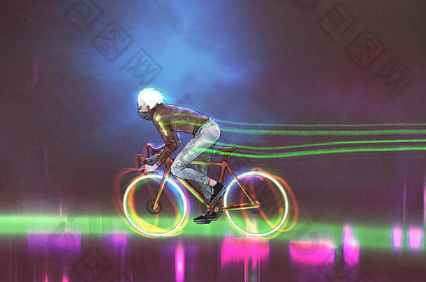 男人。骑山自行车霓虹灯灯轮子晚上数字艺术风格插图绘画