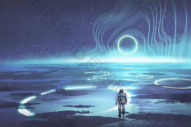 宇航员走地球发光的蓝色的环光数字艺术风格插图绘画