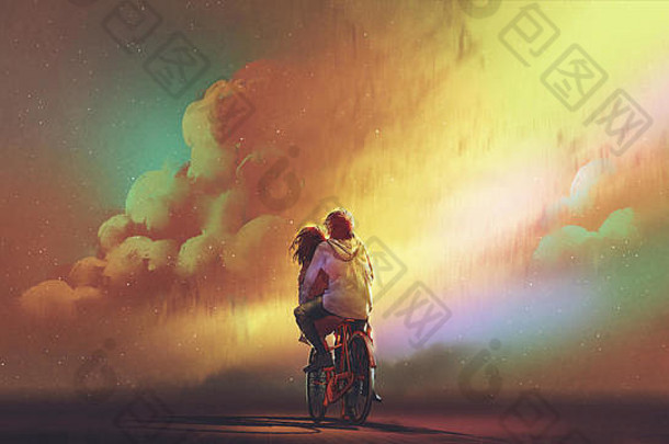 夫妇爱骑自行车晚上天空色彩斑斓的云数字艺术风格插图绘画