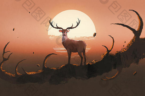 鹿站巨大的分支就像动物的角日落天空数字艺术风格插图绘画