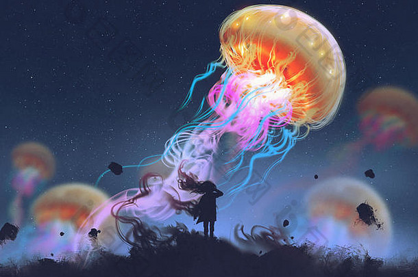 轮廓女孩巨大的水母浮动天空数字艺术风格插图绘画