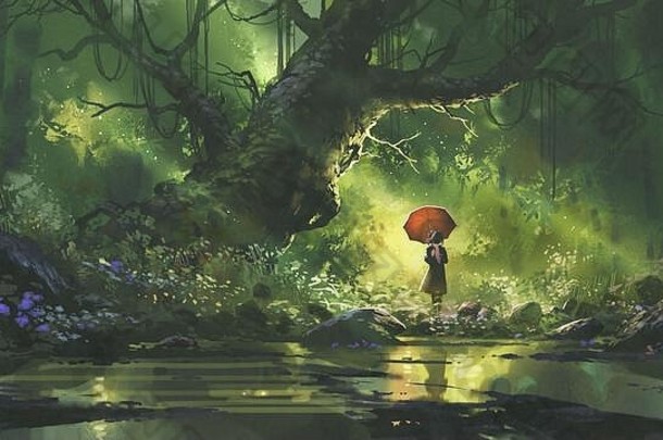 神秘的女人伞站森林数字艺术风格插图绘画
