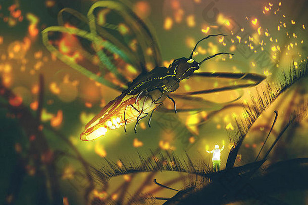 男人。导演巨大的萤火虫晚上森林插图绘画