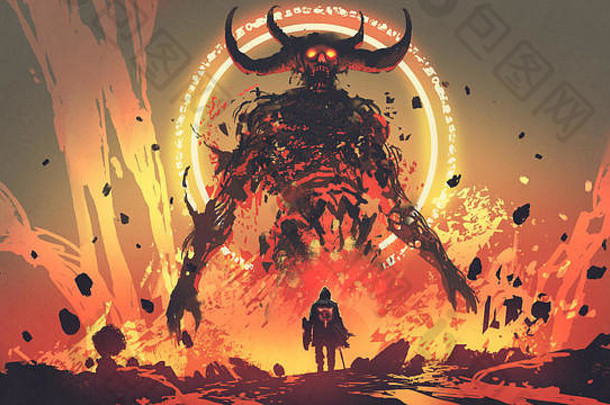 骑士剑面对熔岩恶魔地狱数字艺术风格插图绘画