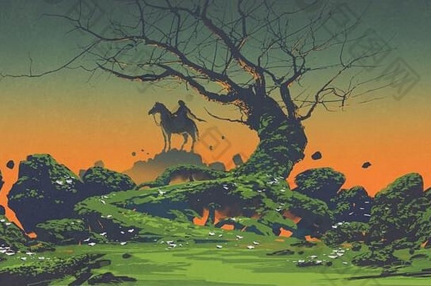 骑马可怕的树神秘的景观数字艺术风格插图绘画