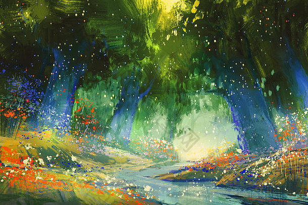 神秘的蓝色的绿色森林幻想大气插图绘画