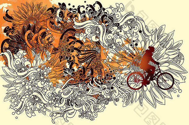 摘要秋天概念花行艺术男人。骑自行车插图绘画