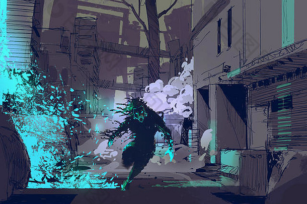 科幻概念未来主义的野兽运行蓝色的光粒子城市小巷插图数字绘画
