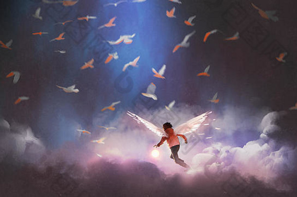男孩天使翅膀持有发光的球运行集团鸟数字艺术风格插图绘画