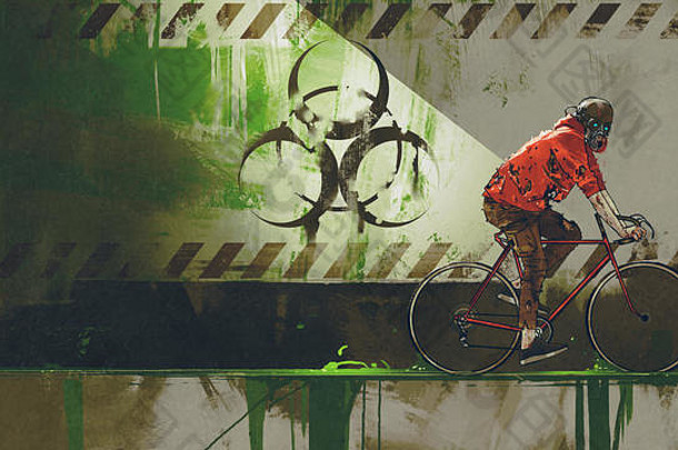 僵尸气体面具骑自行车生物危害区数字艺术风格插图绘画