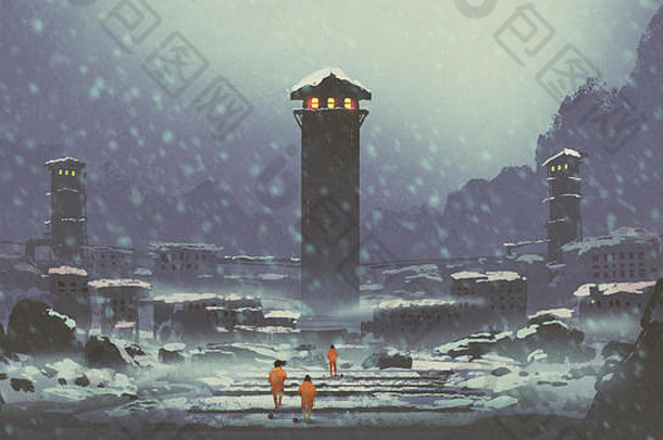 囚犯走被遗弃的监狱冬天数字艺术风格插图绘画