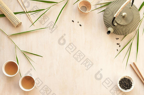 亚洲食物背景茶集碗筷子竹子叶子光木背景亚洲菜单设计中国人日本厨房re