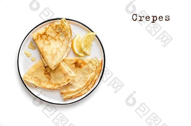 薄饼柠檬蜂蜜孤立的白色背景前视图自制的薄薄饼板早餐甜点
