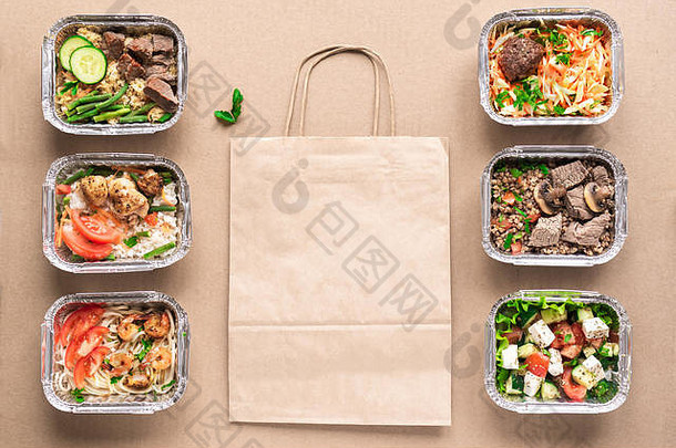 健康的食物交付有机每天餐复制空间清洁吃概念健康的食物健身营养箔盒子前