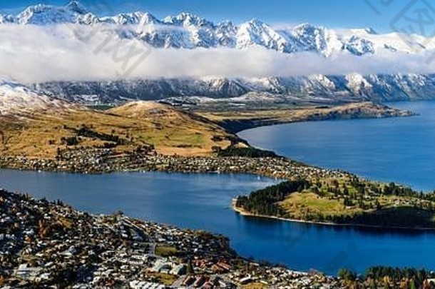 昆士城新西兰全景视图湖瓦卡蒂普