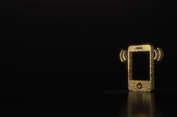 黄金闪闪发光的象征智能手机响电线呈现黑暗黑色的背景模糊反射闪光