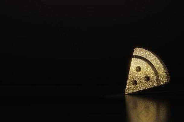 黄金闪闪发光的象征披萨片呈现黑暗黑色的背景模糊反射闪光