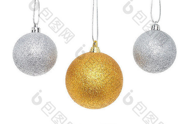 黄金银圣诞节装饰物孤立的白色