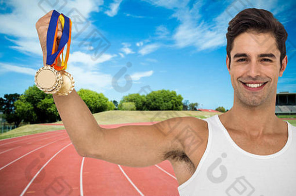 复合图像运动员摆姿势黄金奖牌白色背景