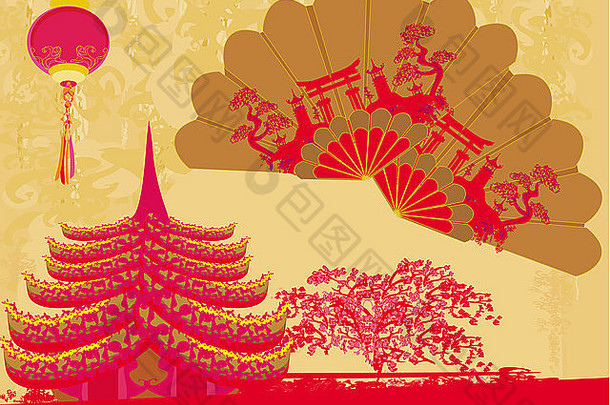 装饰传统的灯笼中国人景观美丽的球迷卡
