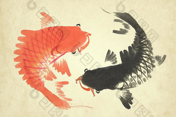 红色的黑色的锦 鲤鲤鱼手画传统的风格
