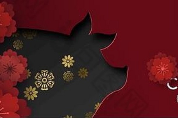 中国人一年传统的红色的黄金网络横幅插图亚洲花装饰分层纸包括书法象征